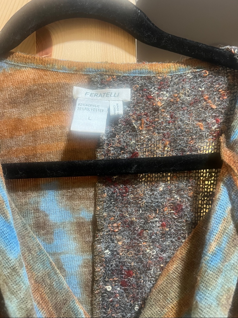 Feratelli brand Boho Patchwork Cowl Neck topBrown & Teal size large - Picture 2 of 8